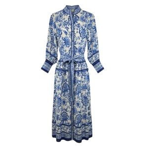 R.X Blue White Porcelain Floral Print Belted Maxi Shirt Dress Chinoiserie L